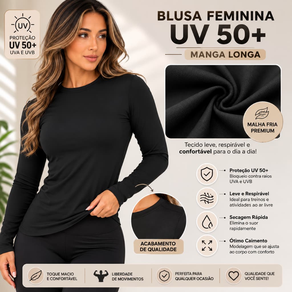 Blusa Feminina Térmica Manga Longa Proteção Uv 50+ Sem Pelúcia Para Praia Corrida e Academia