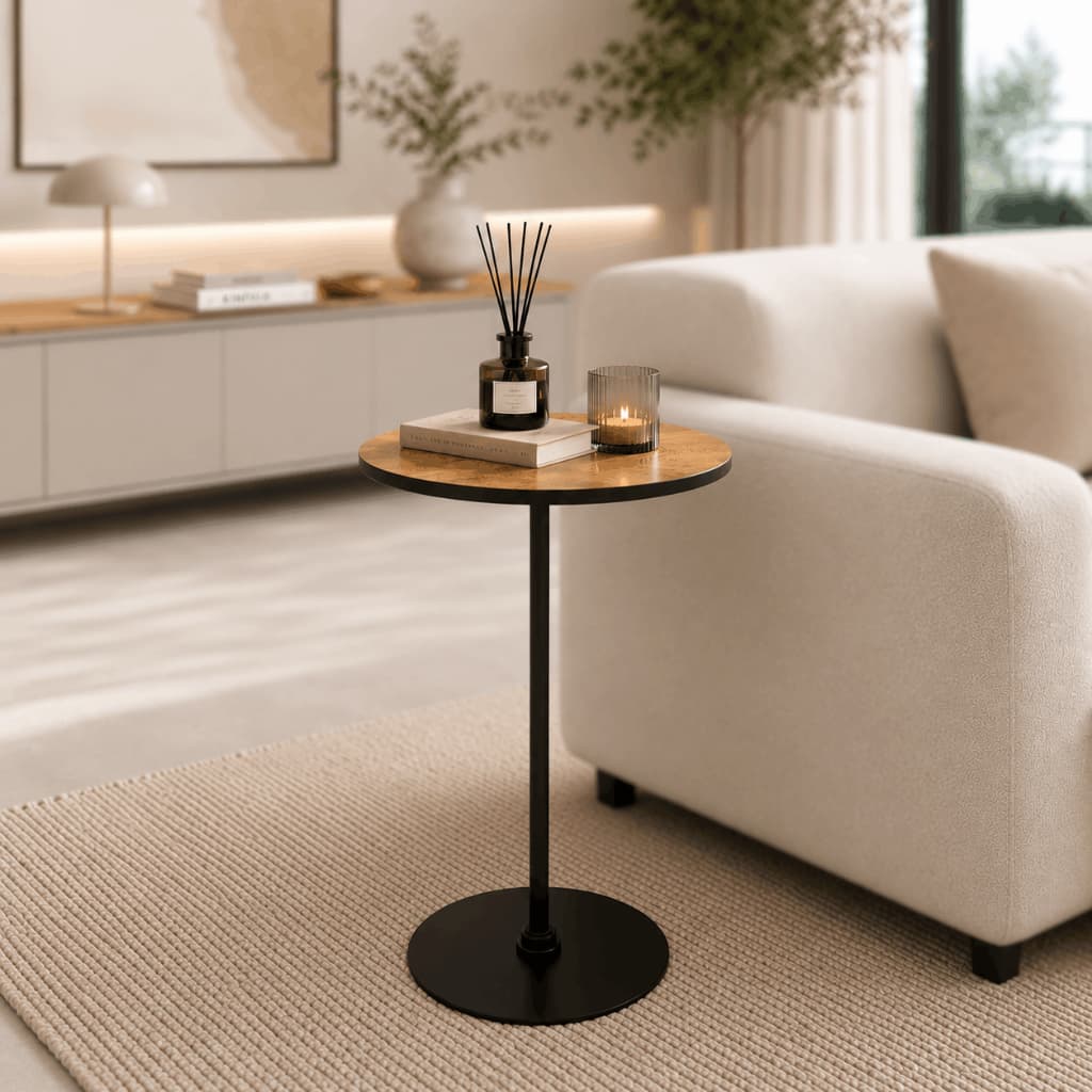 Mesa Alta Minimalista Redonda Lateral Apoio Sofá Canto Sala Decoração Estilo Industrial
