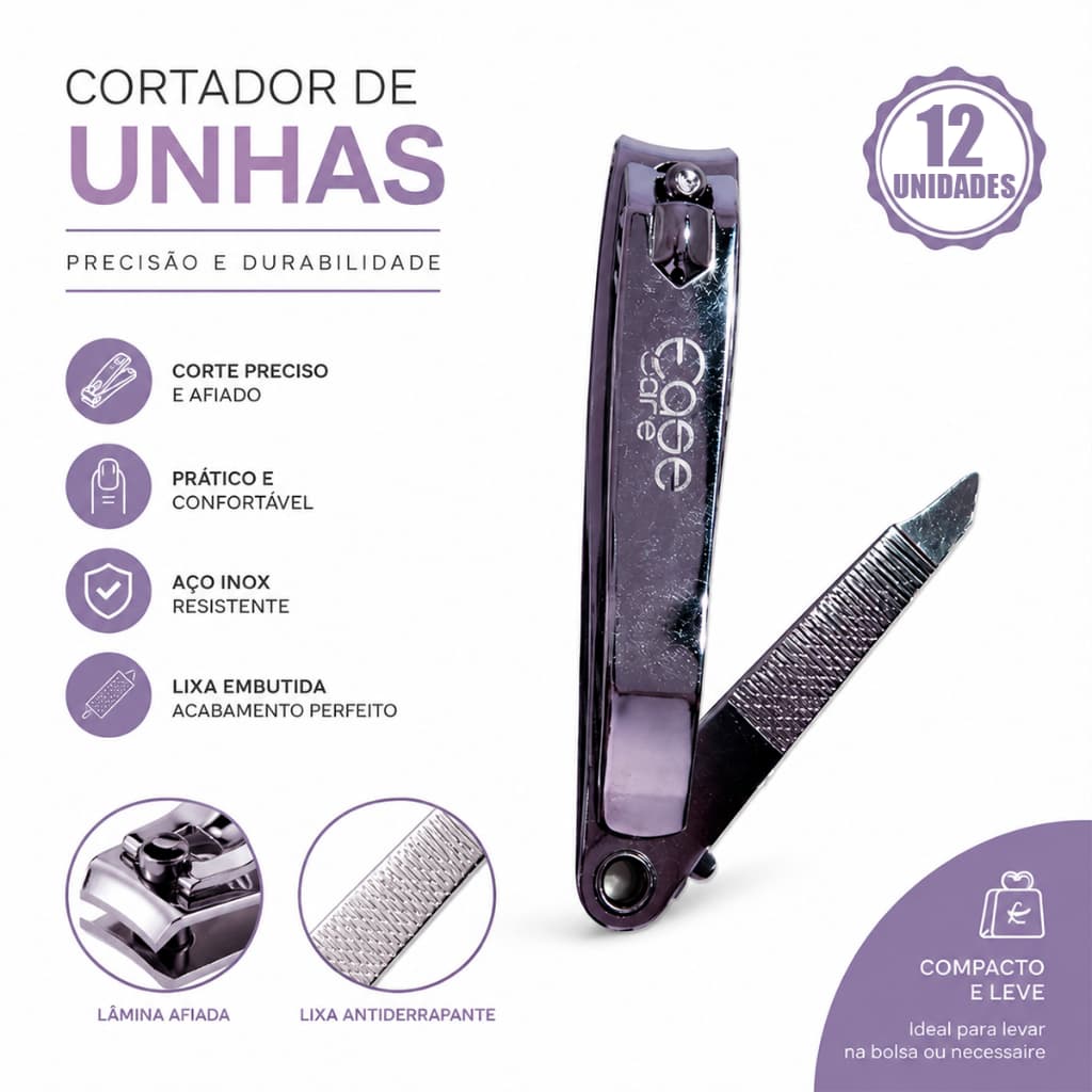 Kit 12 Cortador de Unha Grande de Aço Inox com Lixa Manicure Pedicure Unhas Pés Afiado Profissional