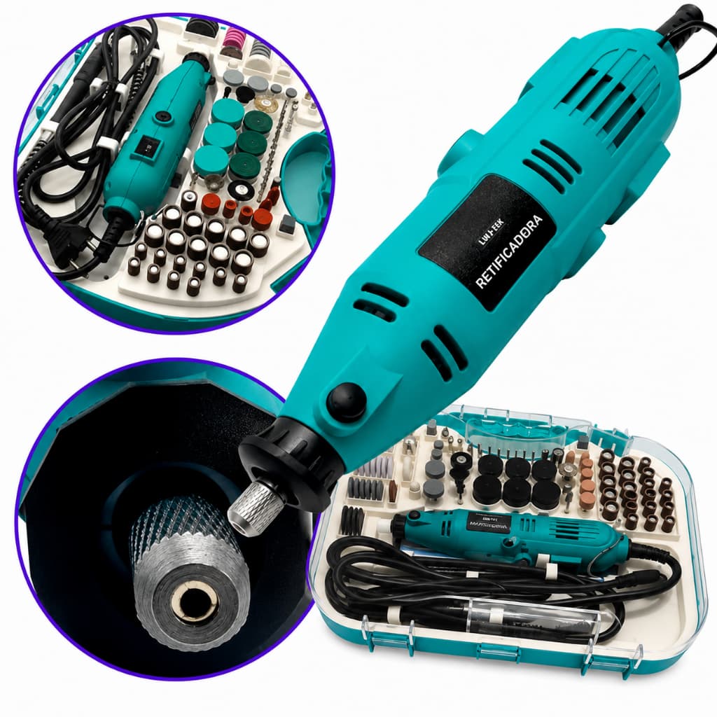 Mini Retífica Elétrica 135W 127V Kit Completo 128 Acessórios com Maleta Chicote Flexível 6 Velocidades 32000RPM