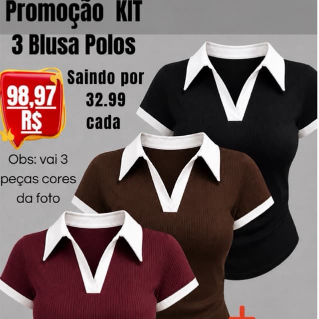 Kit 3 Blusas Polo Feminina Canelada Algodão Manga Curta Gola Bicolor Premium Casual Elegante Ajustada Básica Confortável