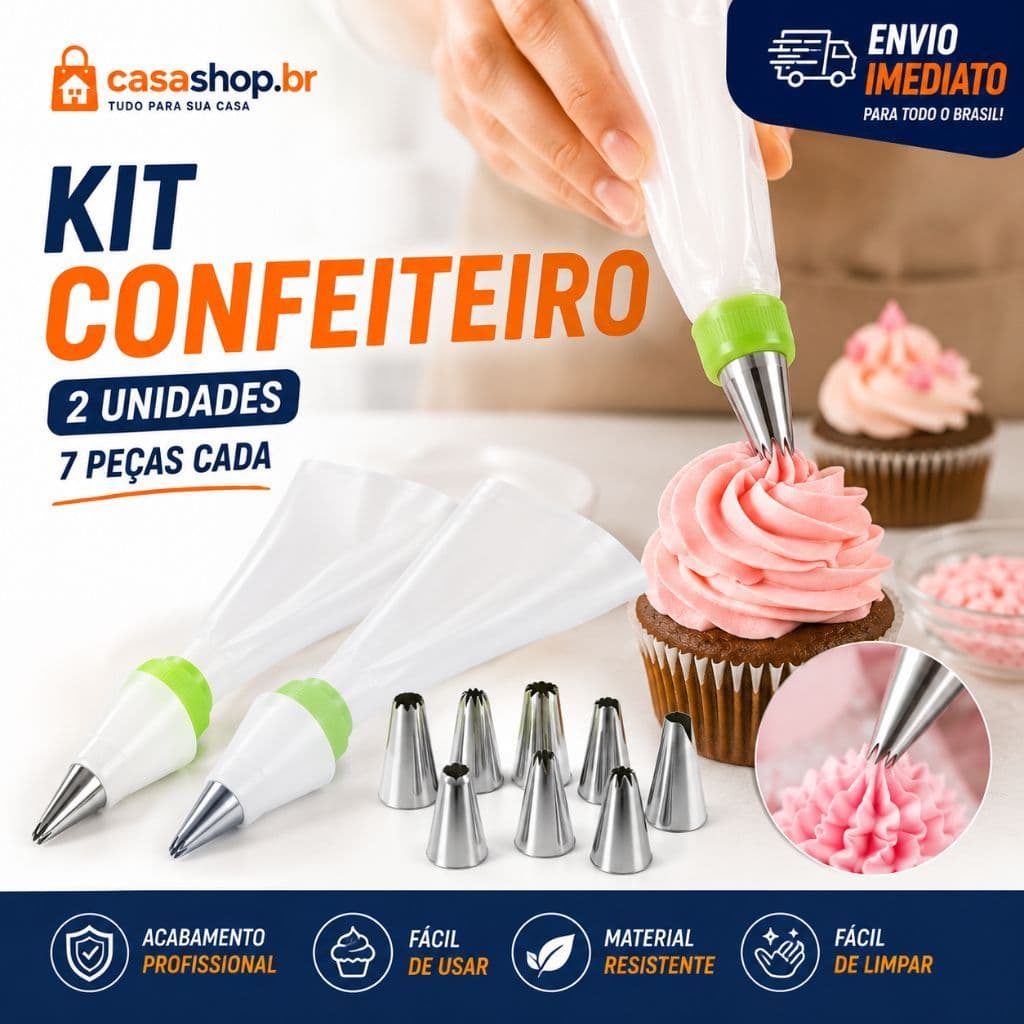 Saco De Confeitar Profissional Reutilizável Com 6 Bicos Inox Kit  Para Bolos Doces Cupcakes