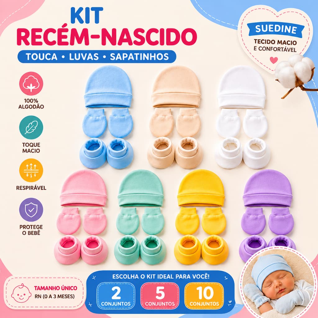 Kit Recém-Nascido Touca Luva Sapatinho Suedine 100% Algodão Enxoval Maternidade Bebê