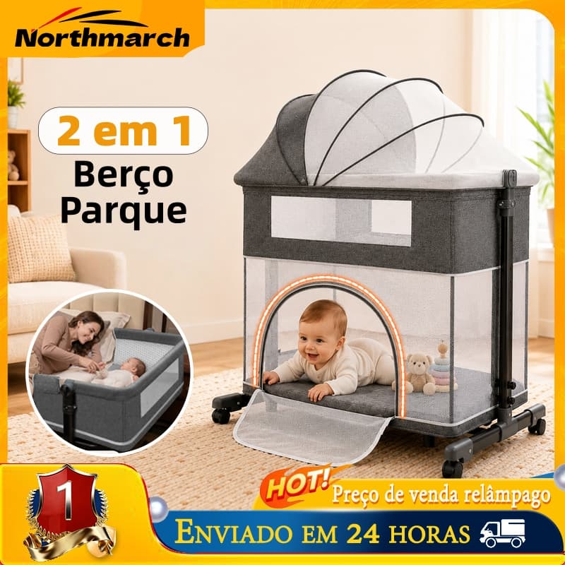 Berço Balanço 2 em 1 Northmarch Acoplável à Cama Parque de Bebê Com Rodas e Mosquiteiro