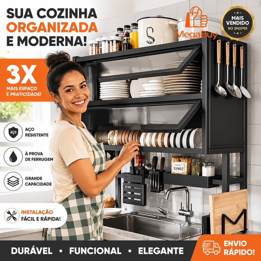 Escorredor De Pratos Prateleira com Porta Anti Poeira, Suporte para Pia Cozinha Multifuncional Aço Inoxidável