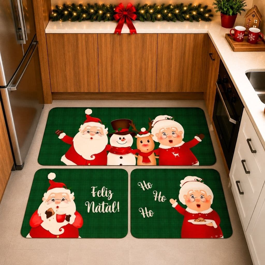 KIT 03 TAPETES PARA COZINHA NATALINO ANTIDERRAPANTE DECORAÇÃO DE NATAL PAPAI E MAMÃE NOEL