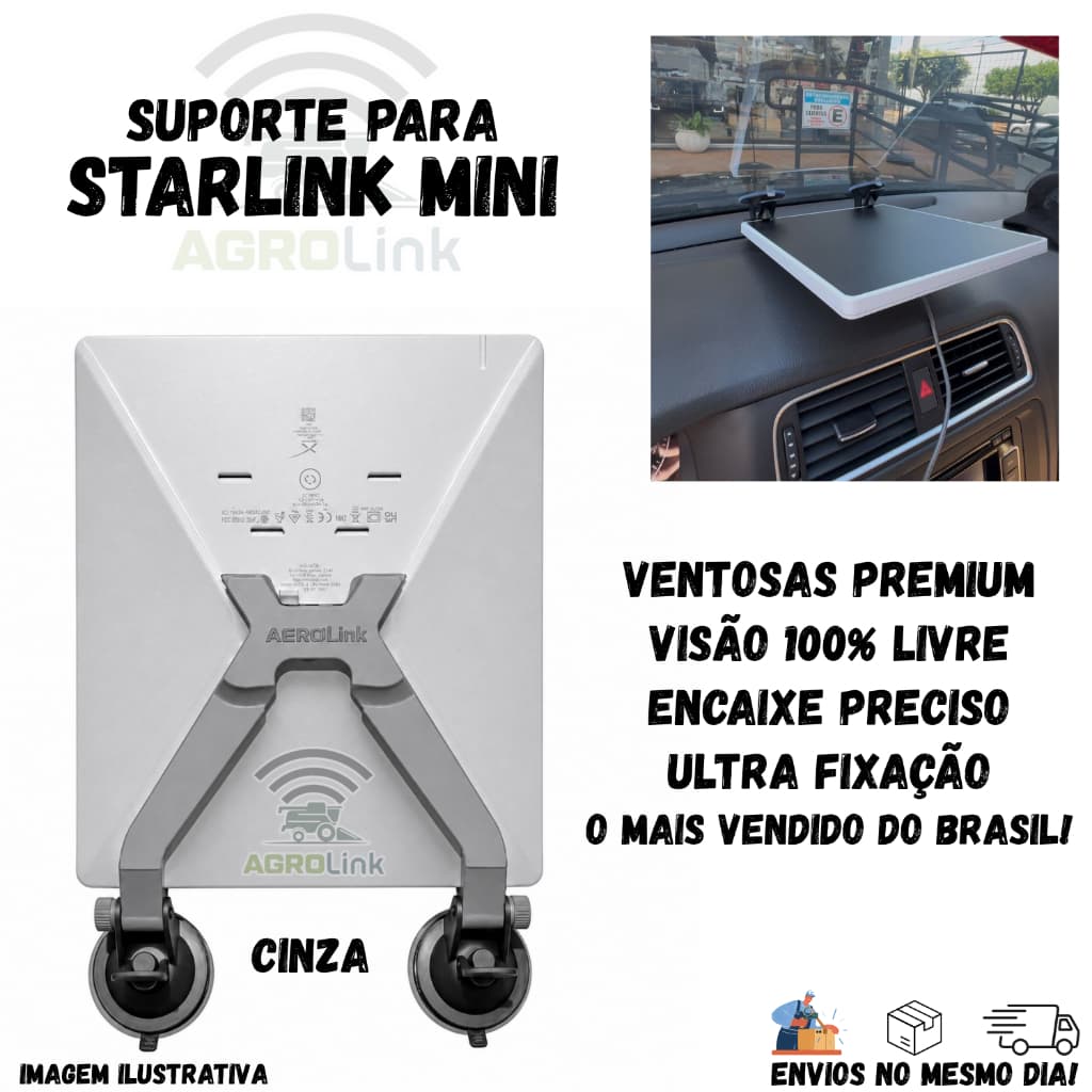Suporte Veicular Para Starlink Mini 2 Ventosas ABS Cinza | AgroLink Full