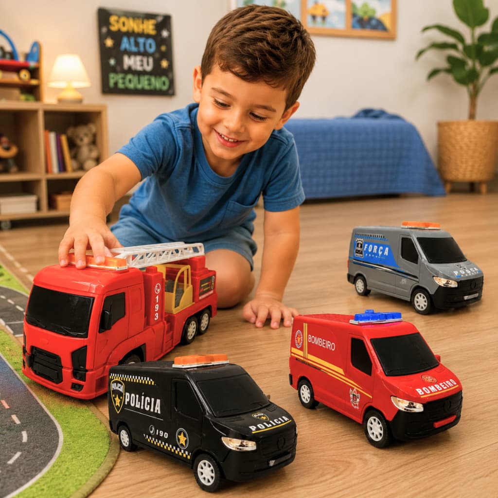 Kit 4 Carros Resgate Policia Ambulância Bombeiro Grande Presente Dia Das Crianças