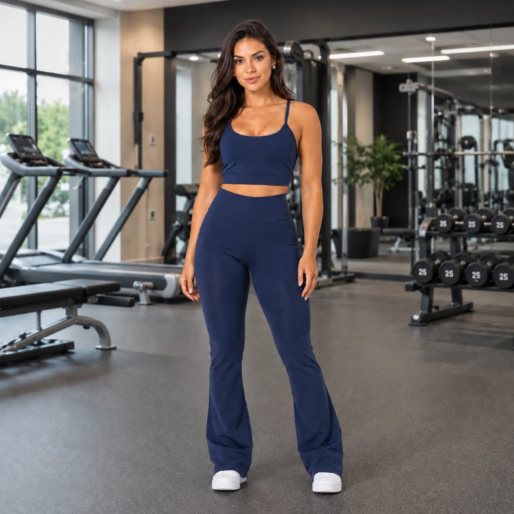 Conjunto Feminino Yoga Top Cropped E Calça Legging Flare Academia Zero Transparência