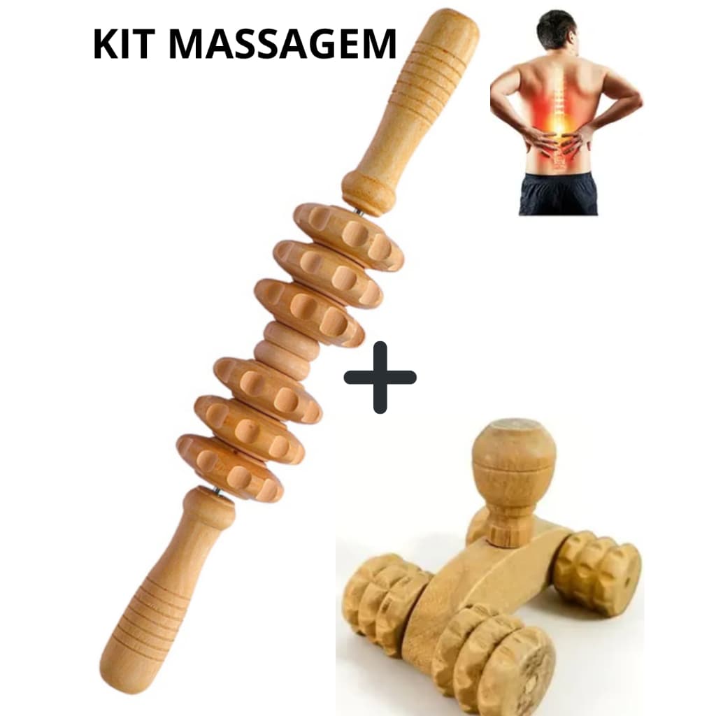 Kit Rolo Massageador + Kit Carrinho Massageador de Madeira