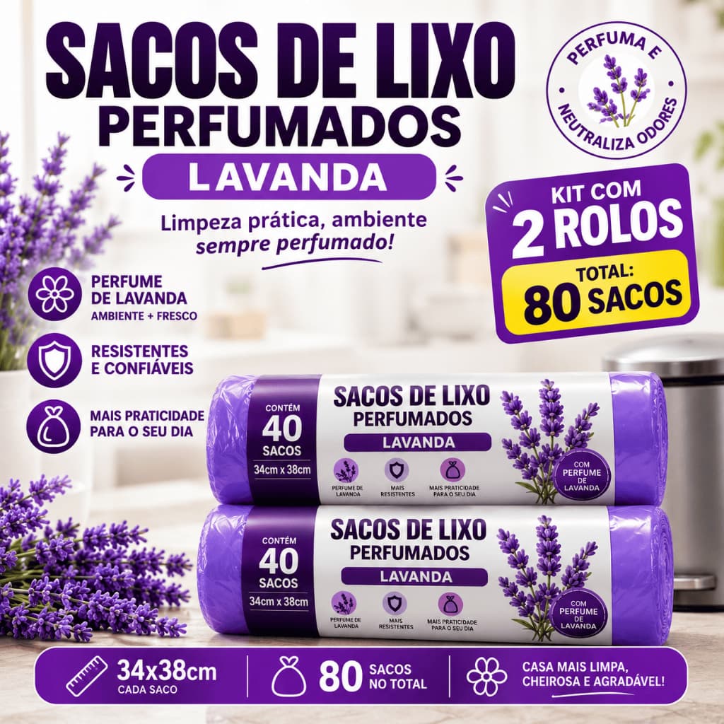 Saco de Lixo Perfumado Lavanda 34x38cm 10L | Resistente | Neutraliza Odores | Kit 80 sacos