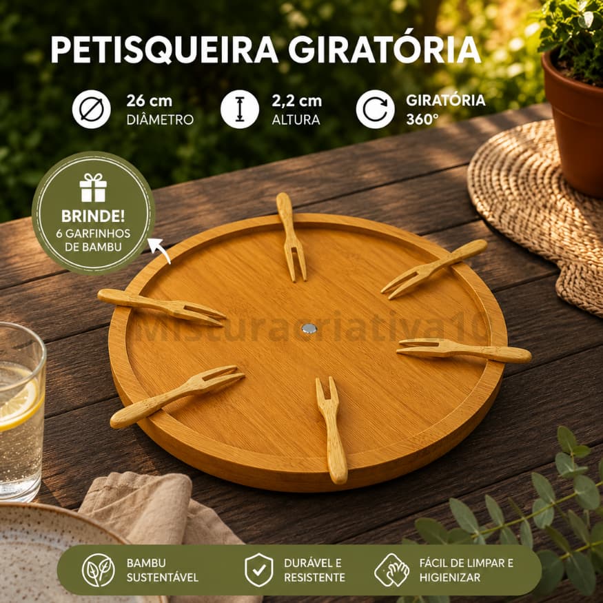 Petisqueira Bandeja Giratória Bambu Tábua de Frios + 6 Garfinhos Bambu de Pestisco
