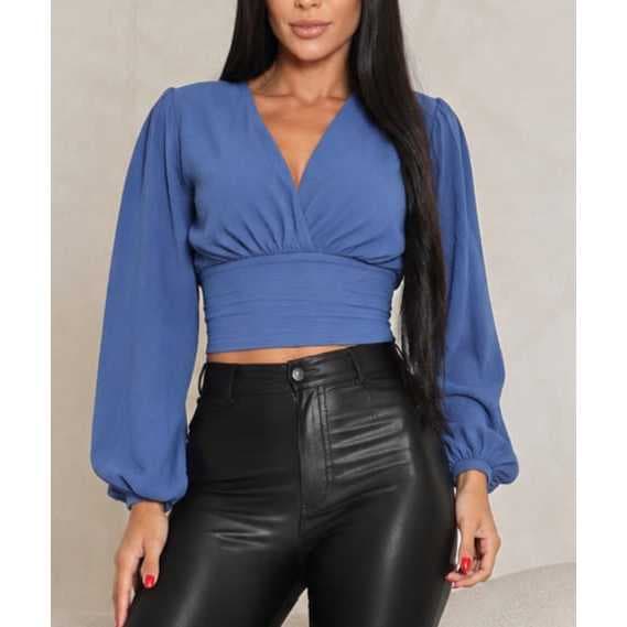 blusa cropped feminina  listrada   e liso manga bufante decote V