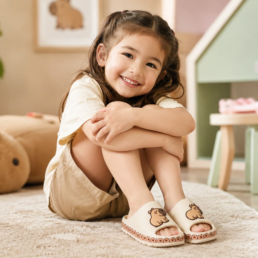 Babuche Infantil Chinelo Sandália Calce Fácil Escola Personagem Capivara Bege Moda Feminina Rosa