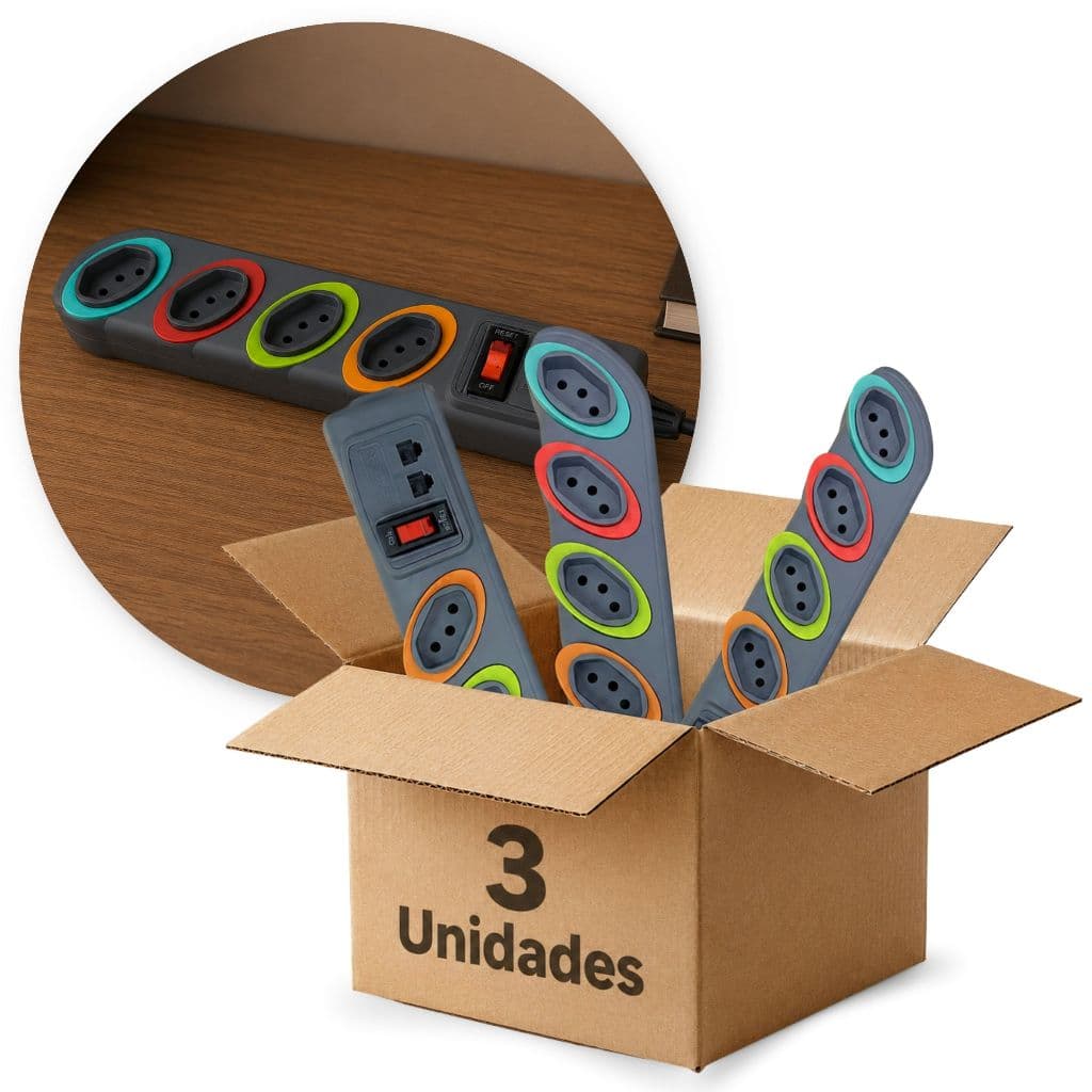 3 Extensão 4 Tomadas Filtro Linha Bivolt Elétrica Telefonica