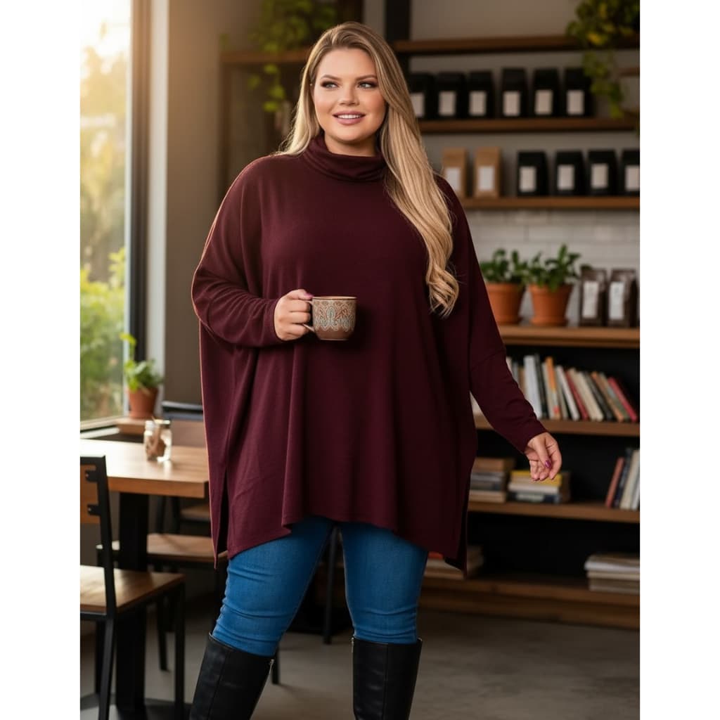 Poncho De Tricot Vestido feminino Estilosa Inverno Fenda Lateral Plus Size