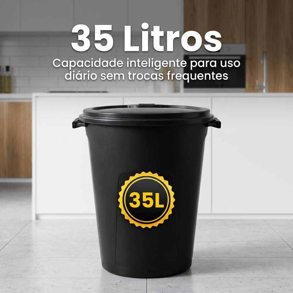 Lixeira Domus 35L Preta com Tampa Removível em Polipropileno Resistente
