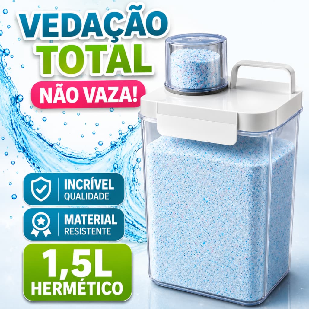 Dispenser Hermético 1,5L Copo Dosador Tampa Com Travas Antivasamento Porta Sabão Líquido e em Pó