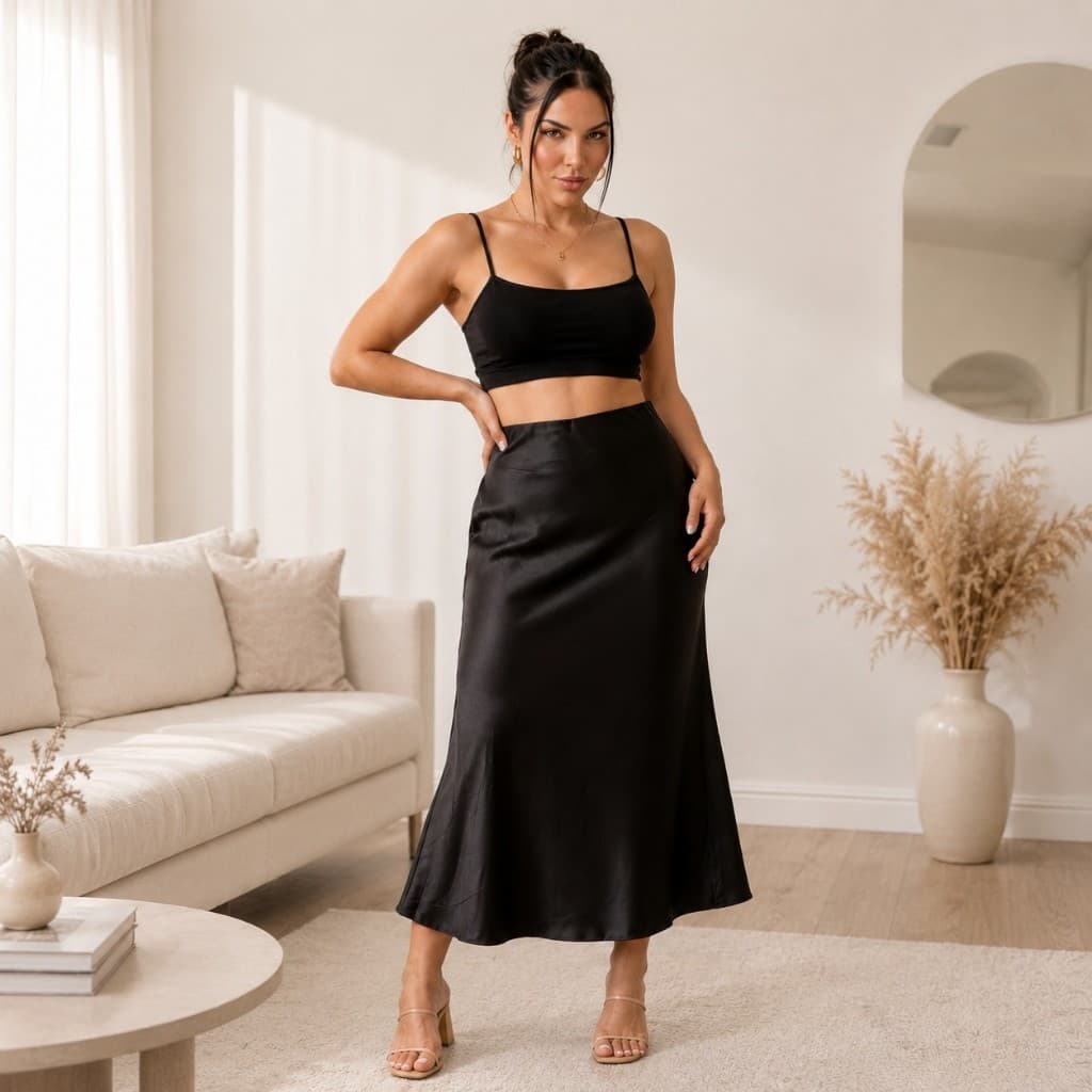 Saia Midi de Cetim Feminina Acetinada Lisa Cintura Alta Elegante Social Casual Festa Não Marca
