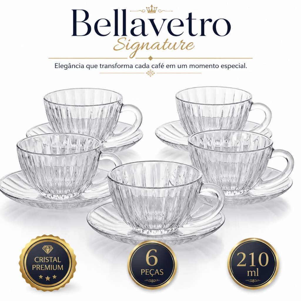 Bellavetro Signature Collection Jogo de Xícaras de Cristal Transparente 210ml com Pires 6 Peças Elegante para Café, Chá