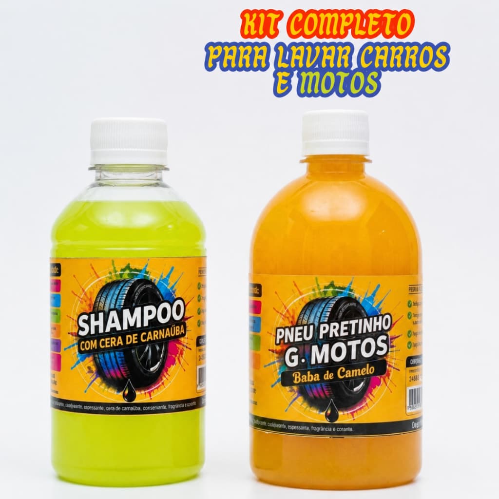 KIT Lavagem Automotiva Carro Moto 1 Shampoo Com Cera De Carnaúba 500ML +1 Pneu Pretinho 500ml