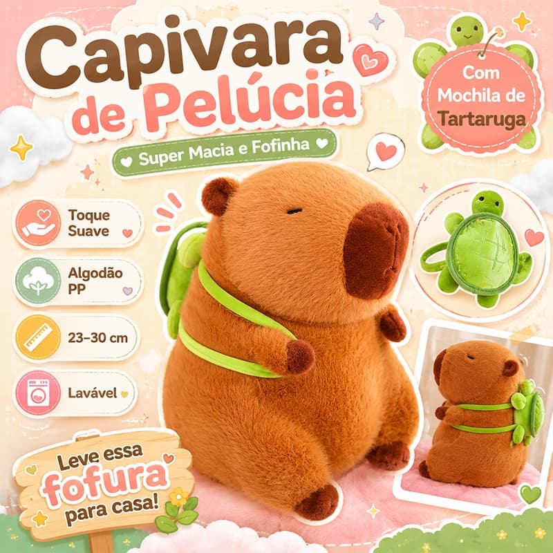 Capivara de Pelúcia com Mochila de Tartaruga Brinquedo Infantil Macio Fofinho Presente Decorativo