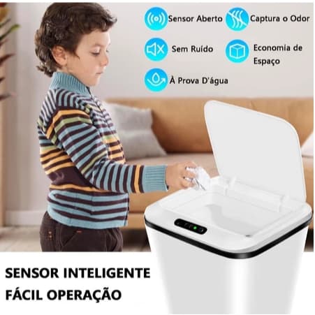Lixeira inteligente de 16 litros, inclui carregador, com sensor de movimento para abertura automática da tampa.