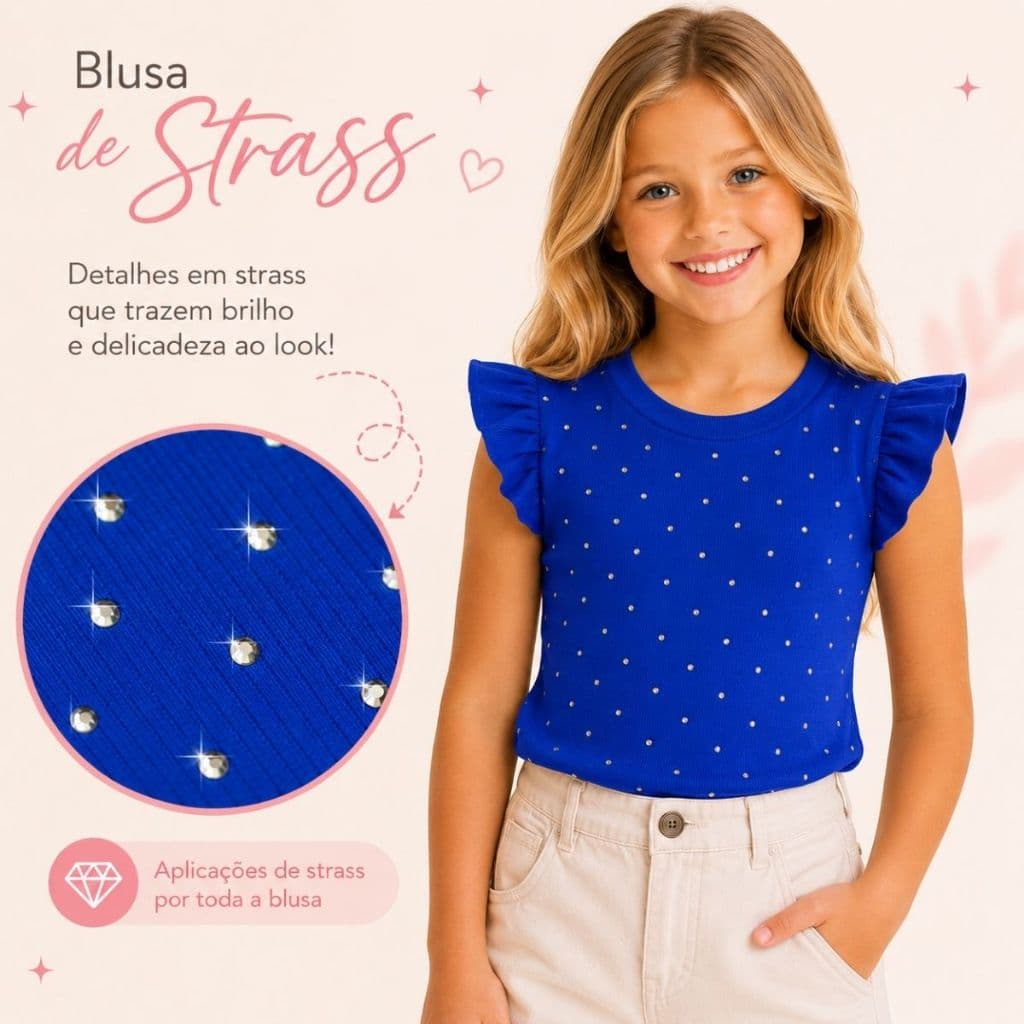 Blusa Blusinha Canelada Infantil Meninas Strass Blog Luxo - ATL