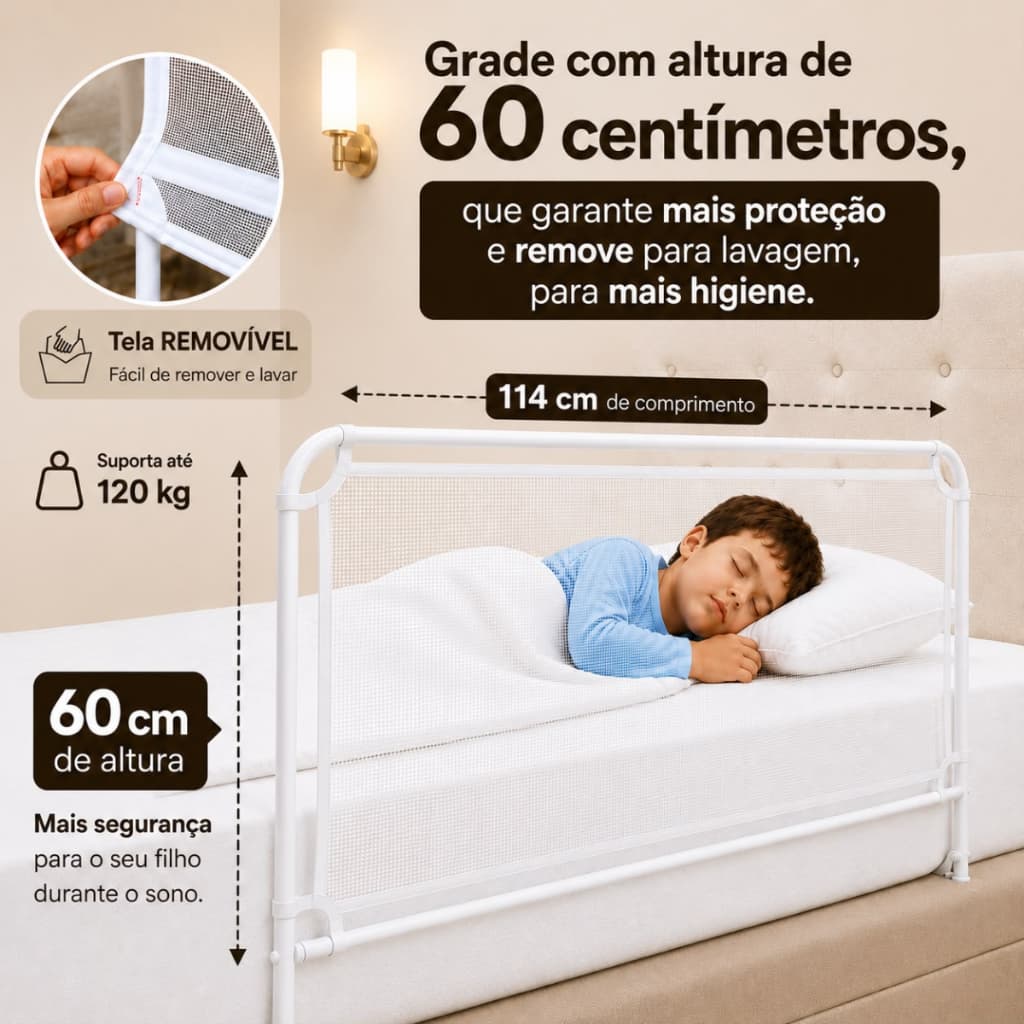 Grade De Cama Box Proteção Para Criança Idoso Bebê Reforçada 60 cm de Altura 114 cm Comprimento