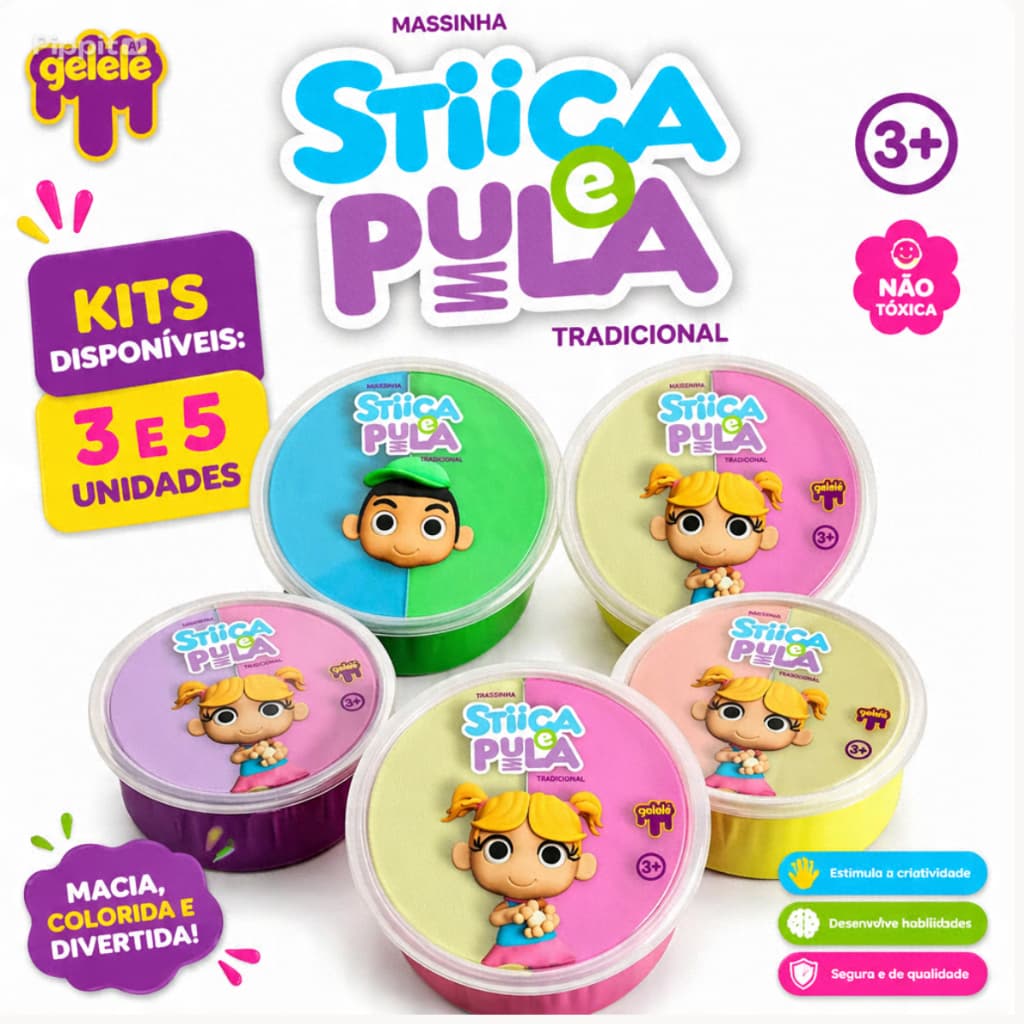 Kit Com 3 ou 5 Estica Pula Massinha Modelar Colorido Lúdico Infantil
