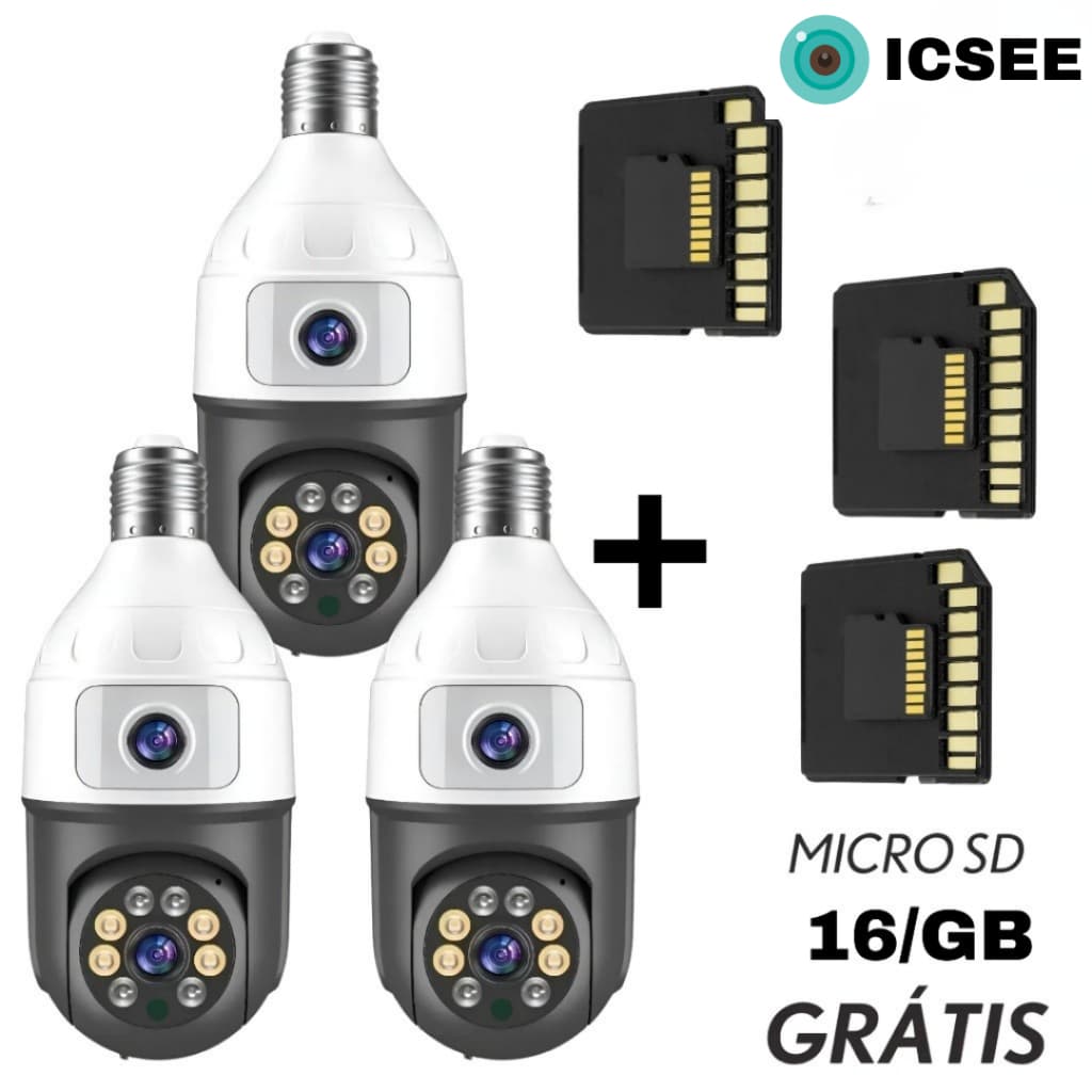 Kit 3 Câmeras Lâmpada 360° WiFi Yoosee Dupla Lentes com 3 Cartões 16GB Grátis Plug and Play