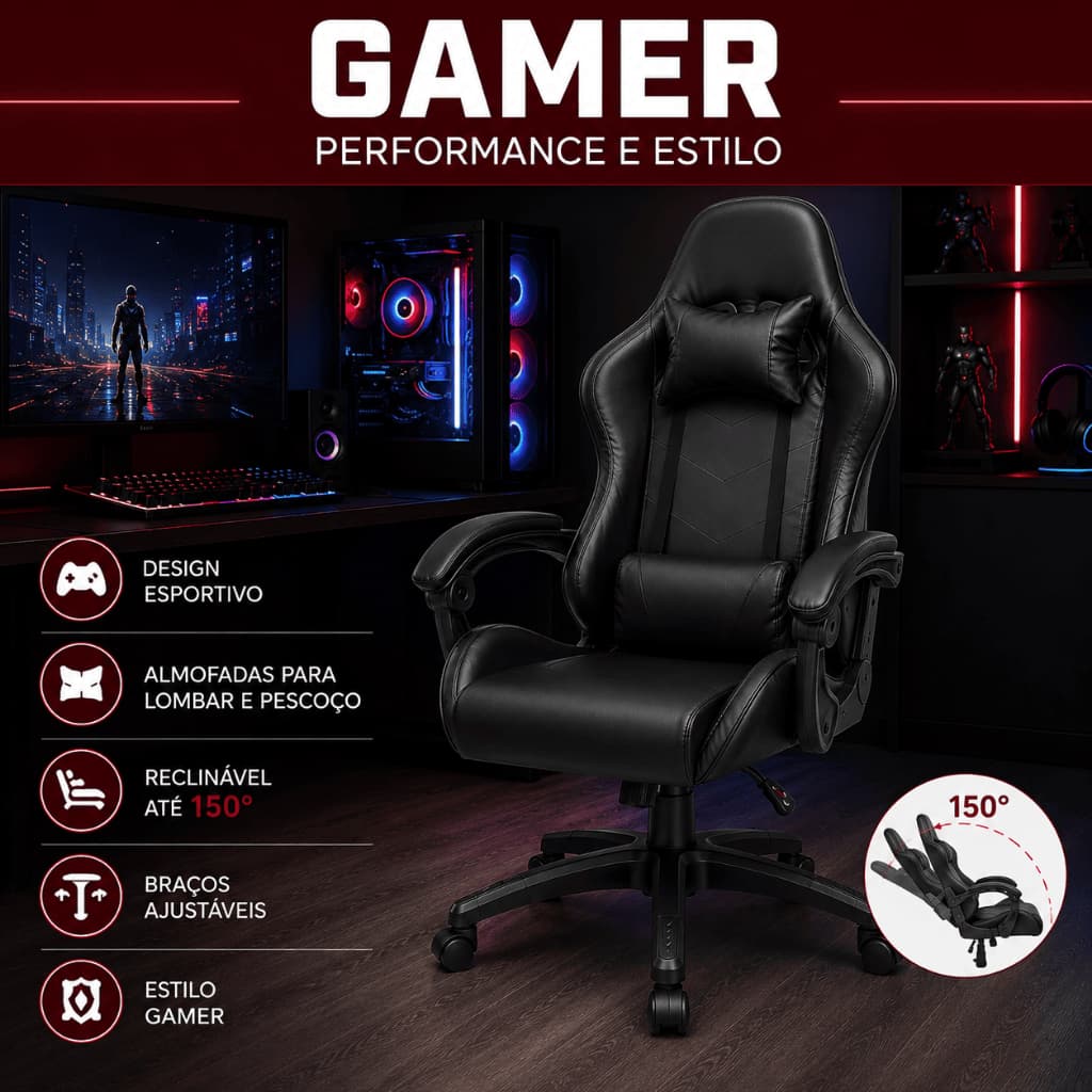 CADEIRA GAMER ERGONÔMICA COM APOIO LOMBAR E CERVICAL RECLINÁVEL ATÉ 150°