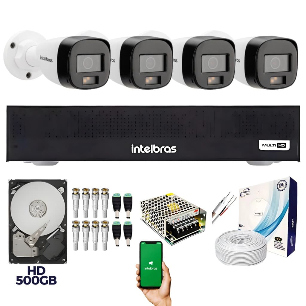 Kit 4 Câmeras intelbras VHD 1120 B Full color + Dvr 4 Canais intelbras MHDX 1204-C DA H265+ HD 500GB