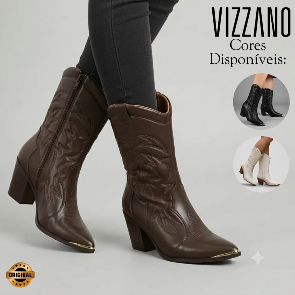 Bota Vizzano Feminina Western Country Cano Médio Salto Bloco Bico Fino Moderna Confortável Original