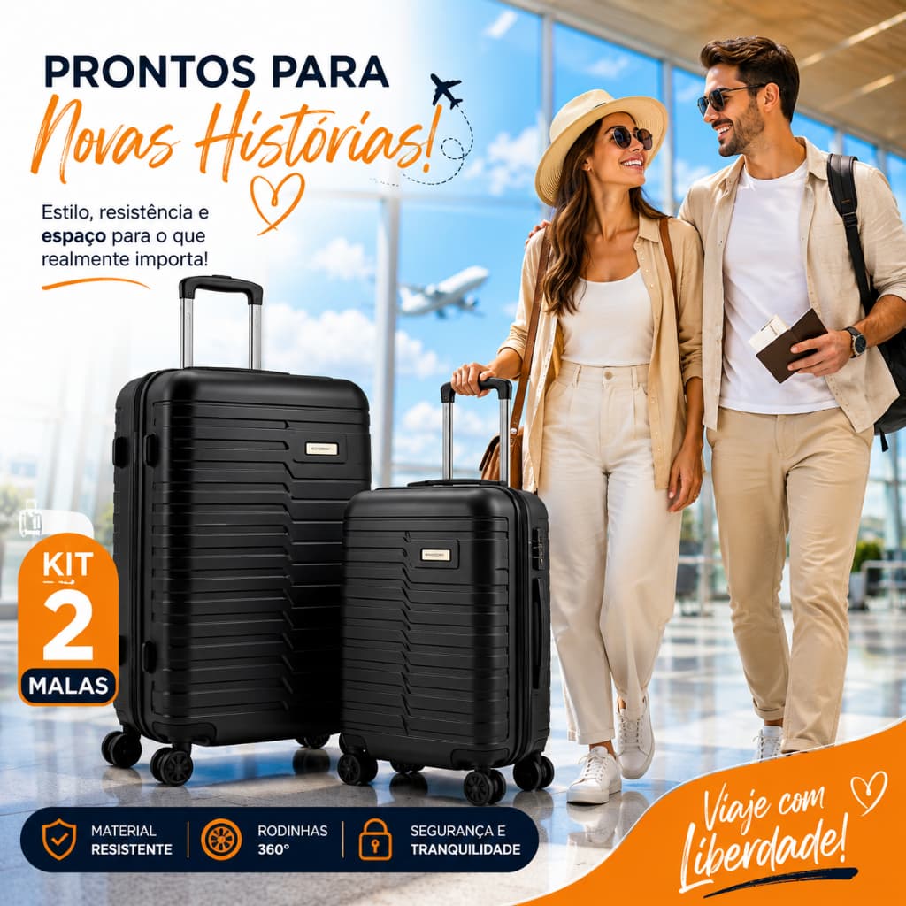 Kit 2 Malas de Viagem 18'' e 20'' com Rodinhas Giro 360° ABS Resistente Preta Alça Retrátil