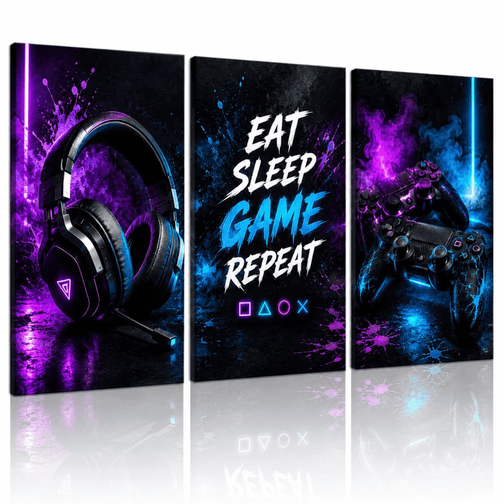 Quadro Decorativo 3 Peças Gamer Neon Controle Gamer Fone Cadeira Quarto Setup