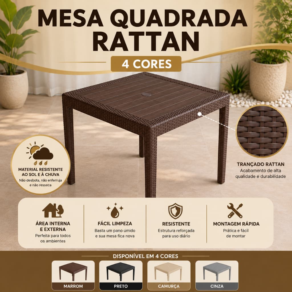 Mesa Quadrada Plástico Rattan Desmontável 80x80 cm Área Lazer Festa Bar Jardim Jantar Salão Varanda