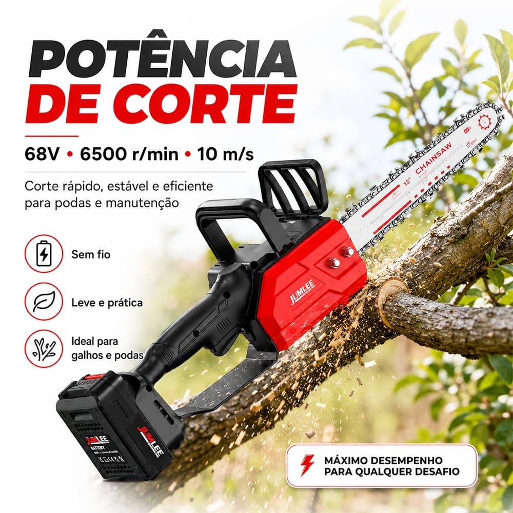 Motosserra Sem Fio JUMLEE 68V 12" Poda Árvores Jardinagem Oficina