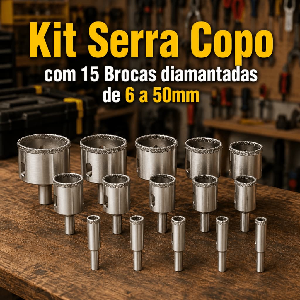 Kit 15 Brocas Diamantadas Serra Copo Vidro Porcelanato Mármore 6 a 50mm Profissional Fura Azulejo Cerâmica Granito