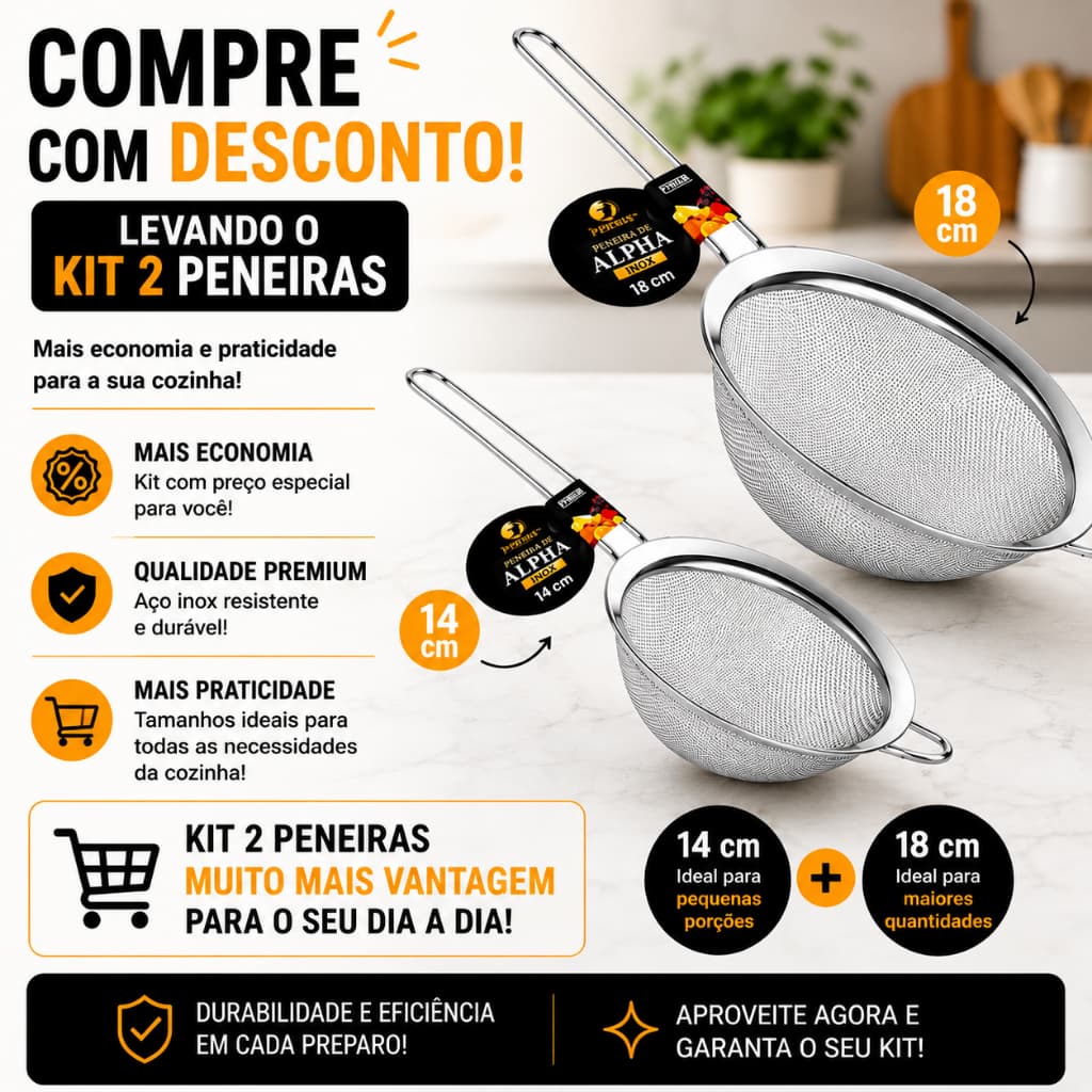 Kit Peneiras de Cozinha Inox 14cm + 18cm | Coador de metal Malha Fina Reforçada Premium