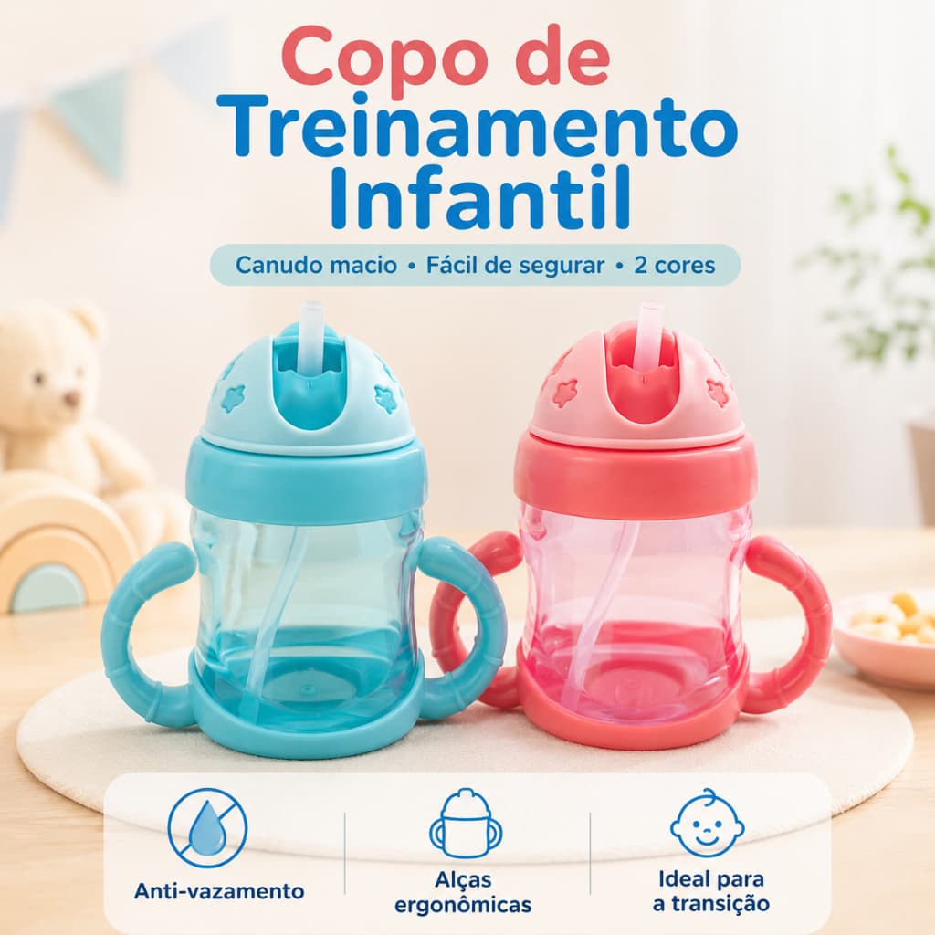 Copo de Transição Infantil com Canudo de Silicone Alça Dupla Antivazamento para Bebê