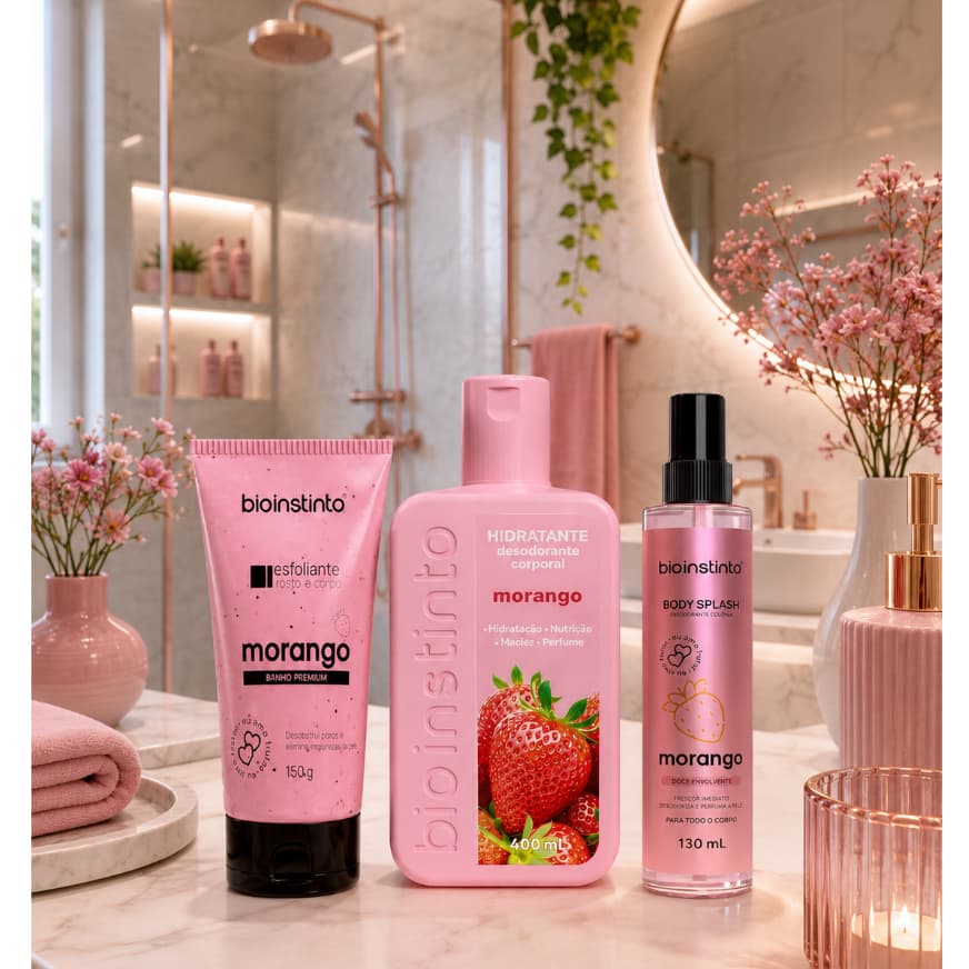 Kit Body Splash+ Hidratante+ Esfoliante Morango Bio Instinto