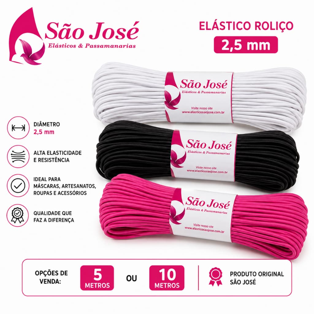 Elástico São José Colombe Roliço 10R  Branco Preto e Coloridos  (2,5mm) - Elástico Roliço