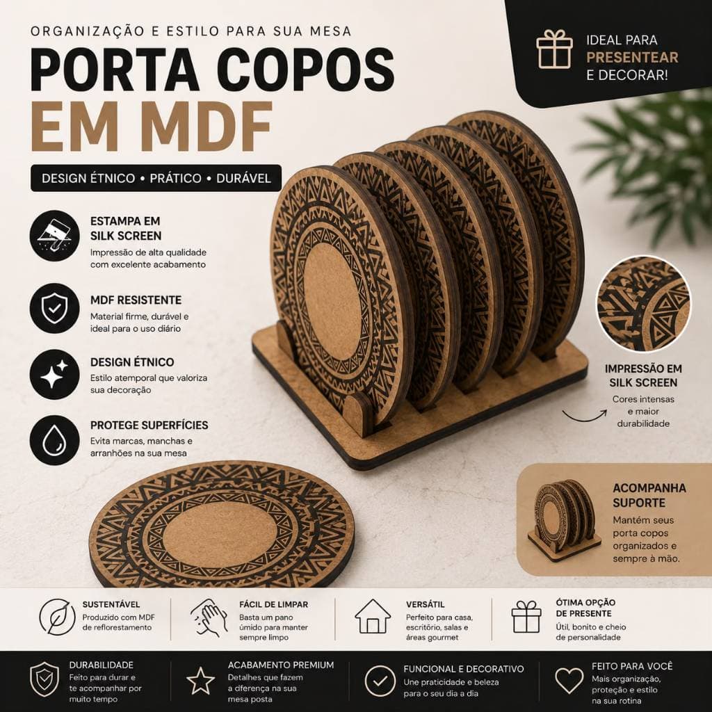 Porta Copos  MDF Kit 6  Peças Decorativo Redondo/ Mesa posta