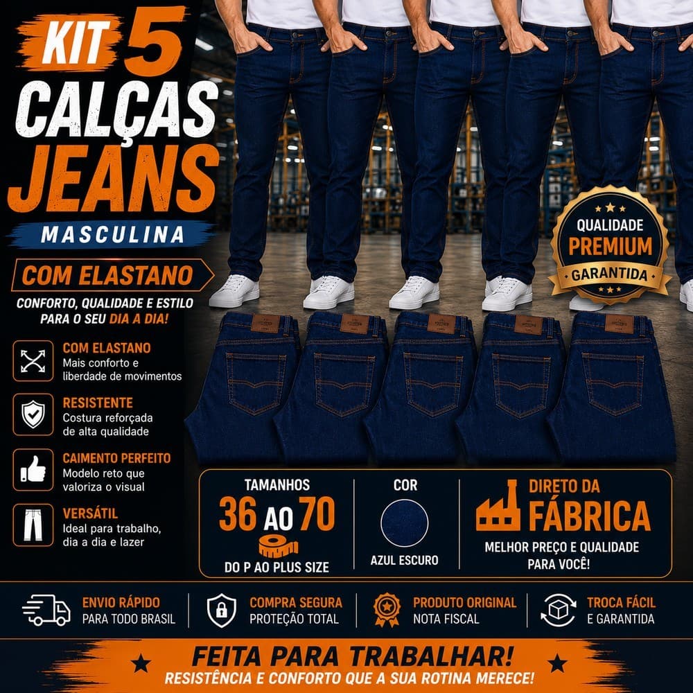 Kit 5 Calças Jeans Masculinas Premium para Trabalho Elastano Alta Durabilidade Plus Size