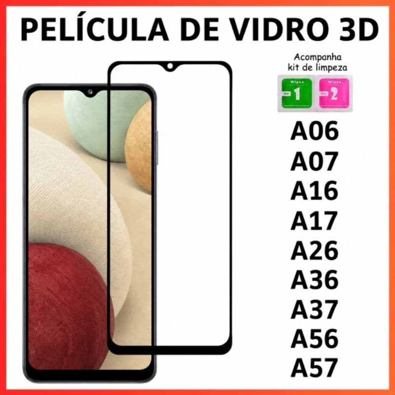 Pelicula 3D Vidro Temperado Full GlueProtetor Tela Anti Impacto para A06 A07
A16 A17 A26 A36 A37 A56 A57 + Kit
Limpeza