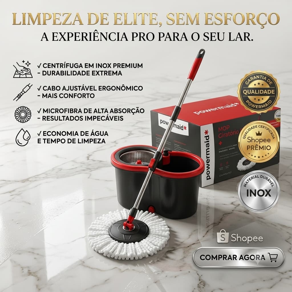Mop Giratório Duplo 13L Cesto Inox NÃO ENFERRUJA Cabo Regulável Esfregão Microfibra Cerdas Duráveis