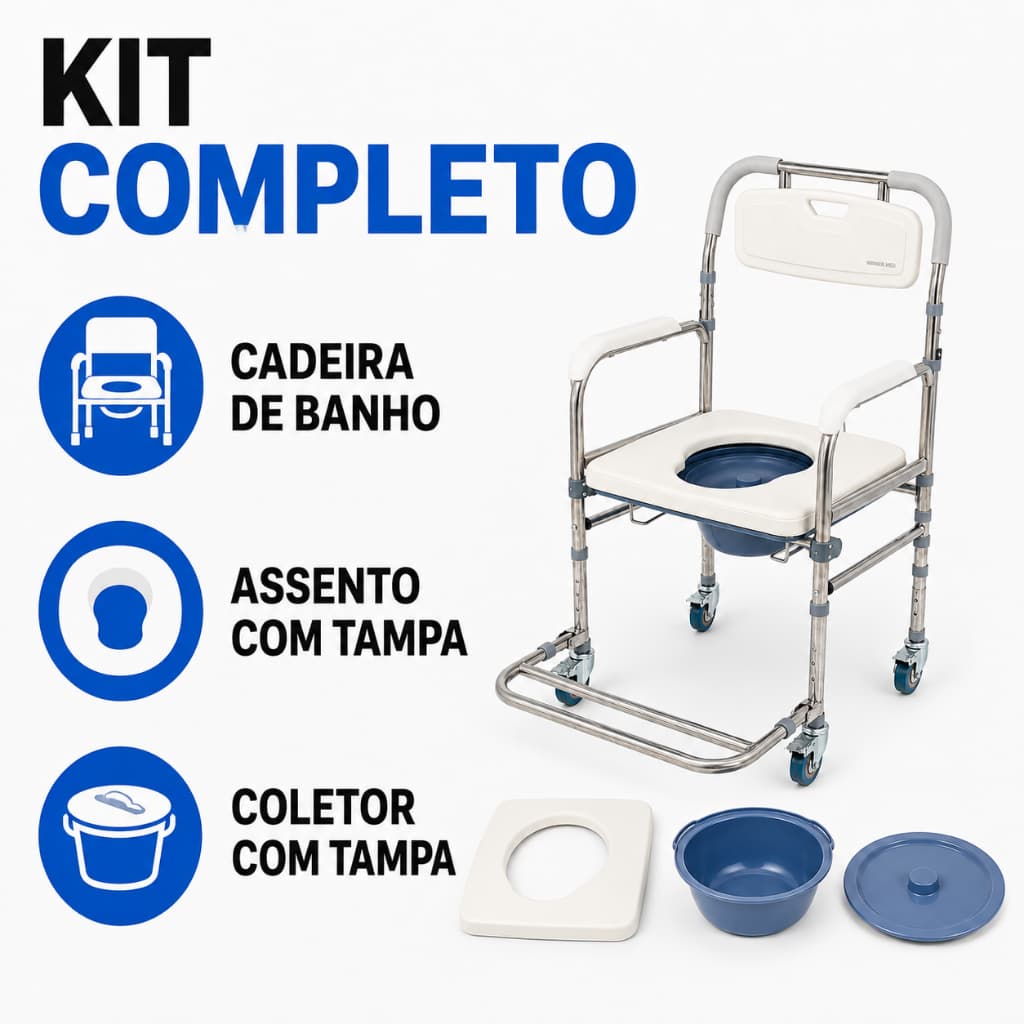 Cadeira de Banho Higiênica com Rodas e Freios em  Aço para Idosos