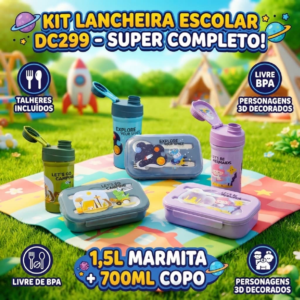 Kit Marmita Lancheira Infantil Plástico Copo Talheres Divisória Decorado Personagens Escolar