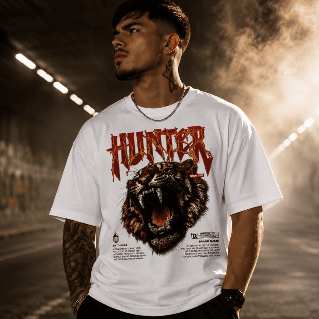 Camiseta Hunter Tigre Estampada Unissex Streetwear Oversized Camisa Masculina Feminina Algodão Premium
